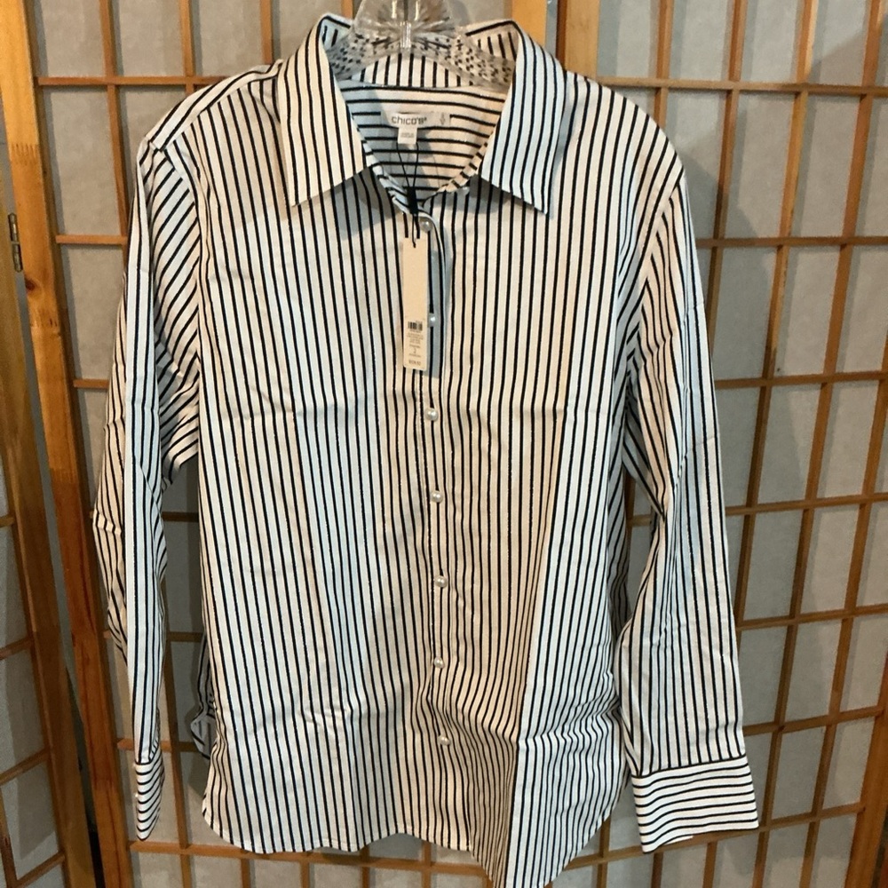 NWT CHICO’S STRIPPED BUTTON-DOWN SHIRT PEARL BUTTONS